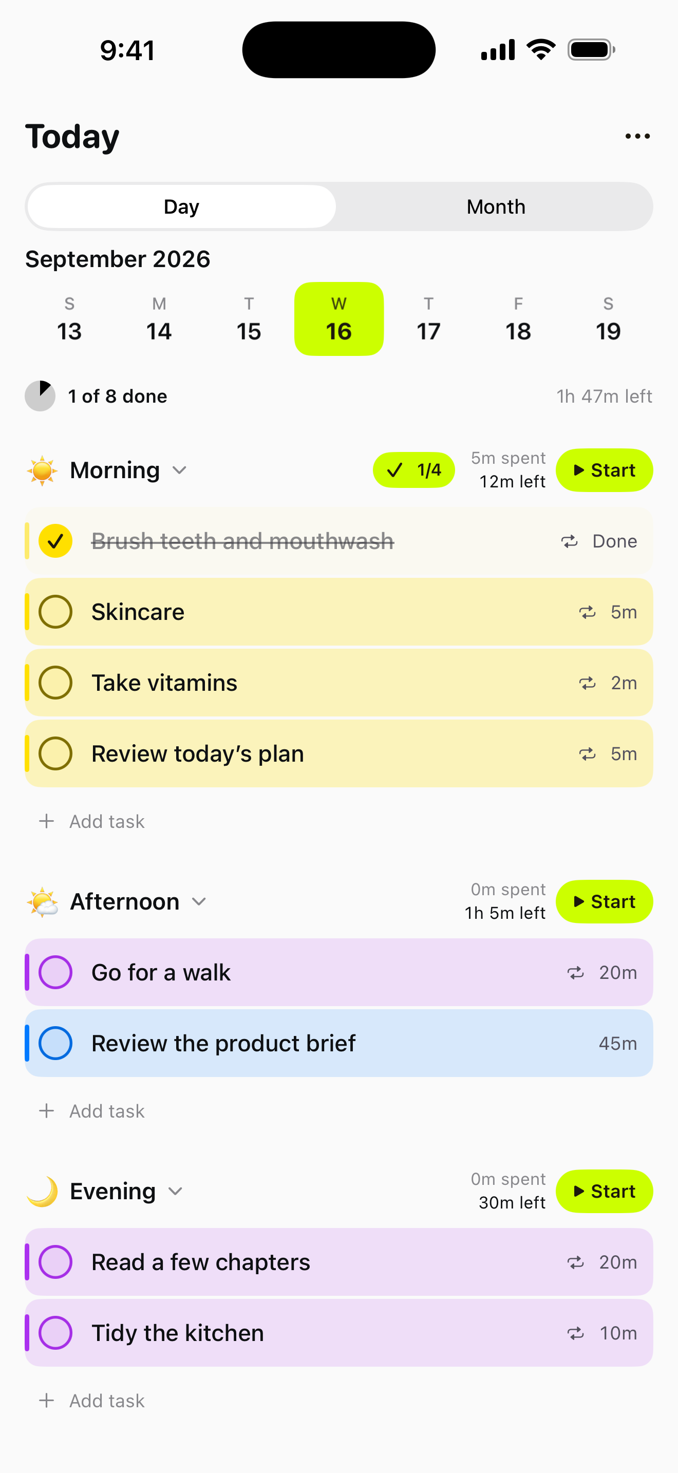 Tempo day planner with colored task cards, completed tasks crossed out, and time spent and remaining beside Start.