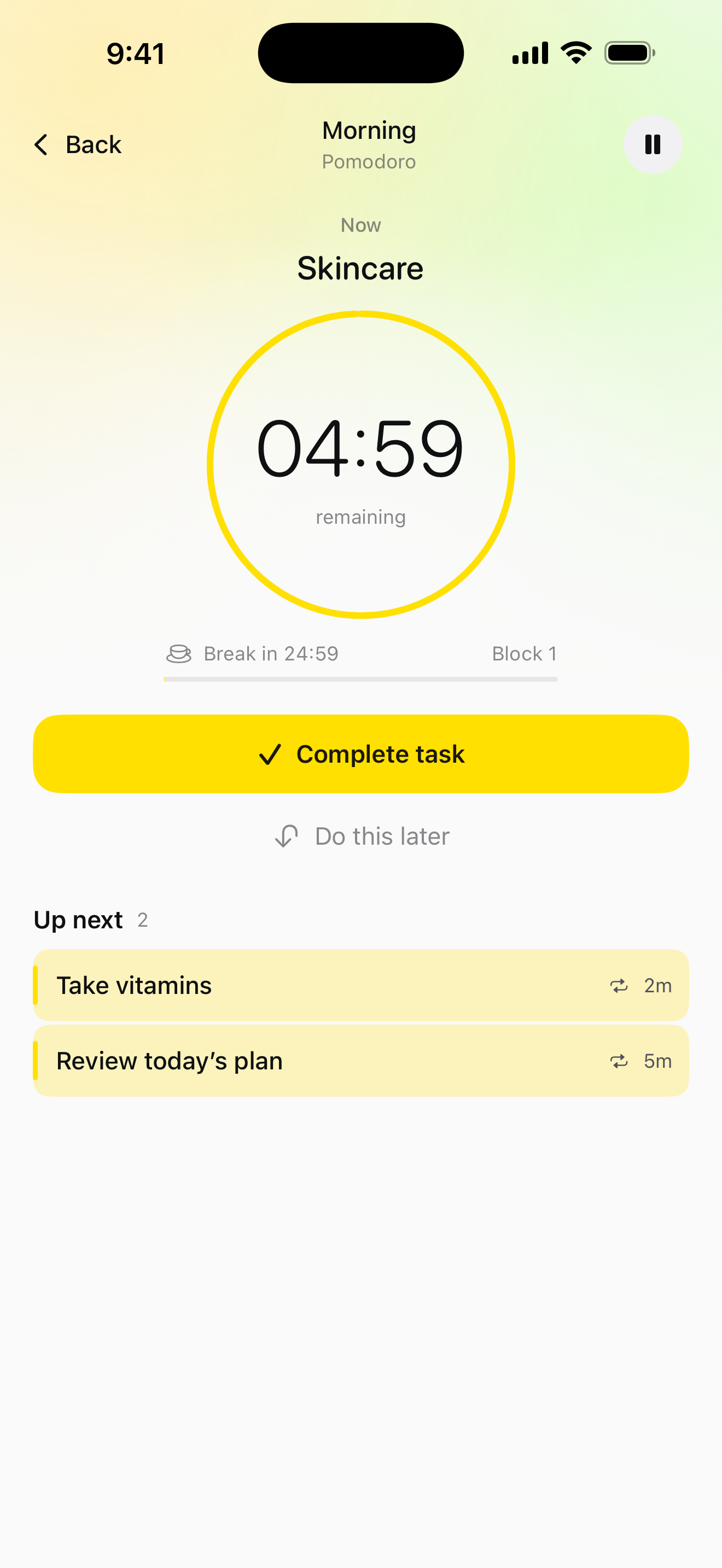 Tempo focus session with a large task countdown, Done and next, and colored upcoming task cards.